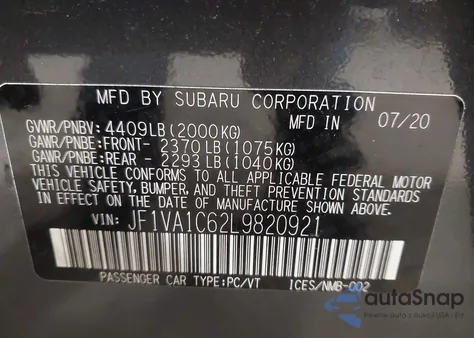 2020 Subaru Wrx Premium from USA, damaged, VIN JF1VA1C62L9820921